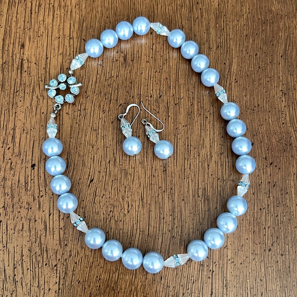 Handmade blue pearl necklace and matching drop earrings
